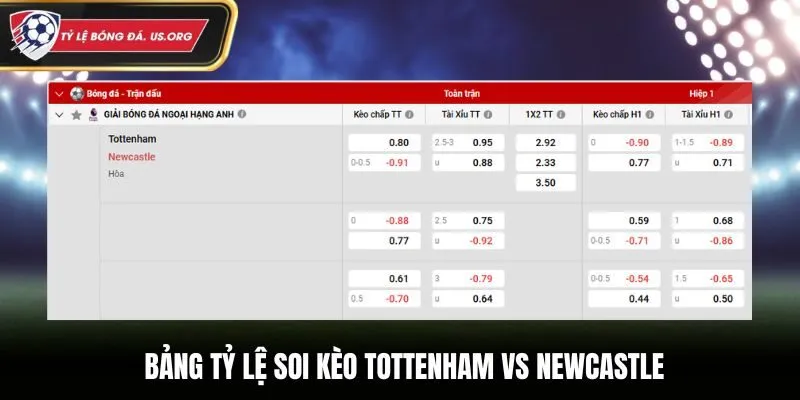 Bảng tỷ lệ soi kèo Tottenham vs Newcastle chi tiết